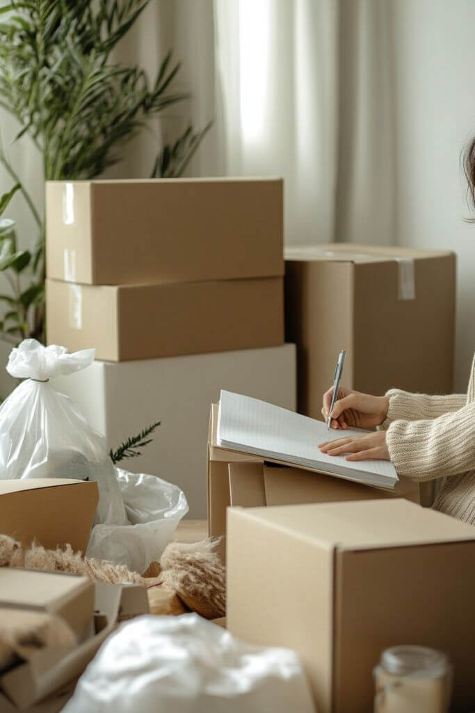 cartons de déménagement et femme remplissant une check list