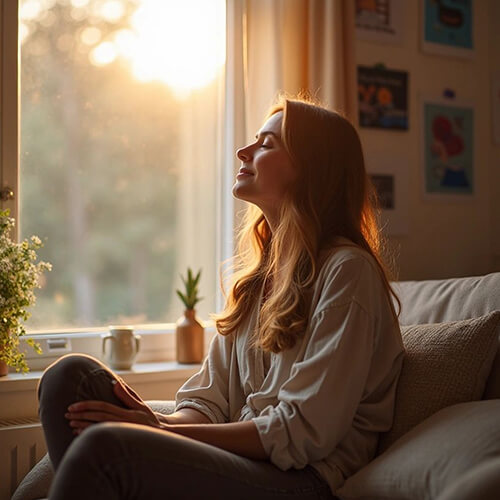 femme heureuse, épanouie et sereine, souriant à la lumière du soleil