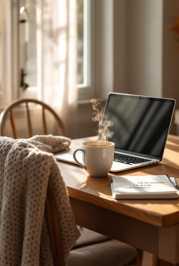 bureau feng shui avec une lumière douce éclairant un ordinateur et une tasse de café fumant